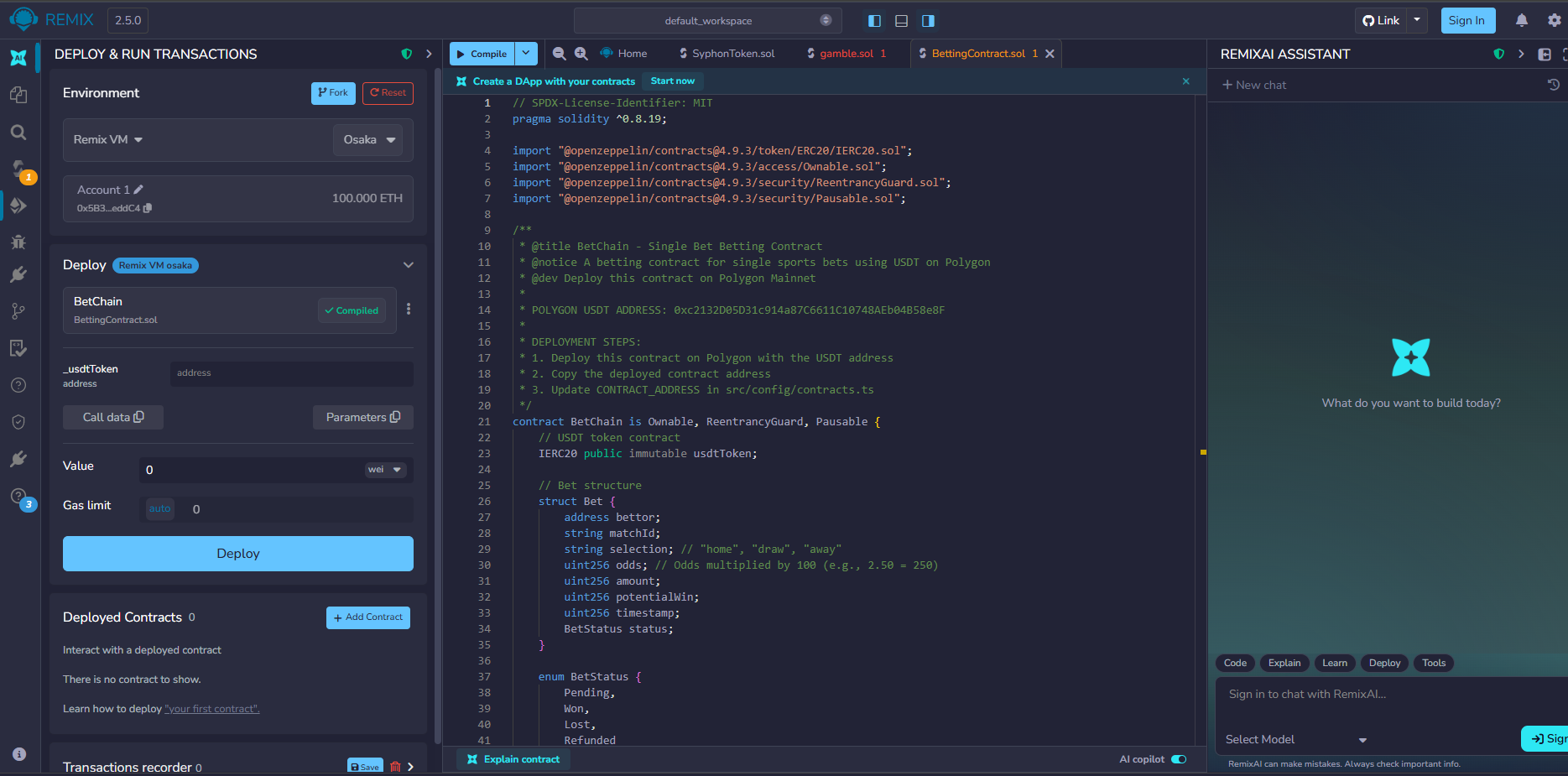 BetChain BettingContract.sol in Remix — USDT single-bet contract on Polygon